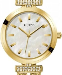 Guess Array Damen Armbanduhr, Edelstahl, 28 mm, Edelstahlarmband, Farbe: Gold, 3 bar, Zifferblatt: Silber, Datumsanzeige, GW0471L2