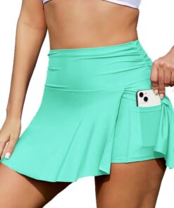SHEKINI Badehose für Damen Baderock mit Shorts Hohe Taille Ruched Bauchkontrolle Bikinihose Split Schwimmrock Strandbikinis Bademode Bikinirock mit Taschen