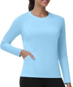 UV Shirt Damen Langarm mit Taschen, UPF 50+ Sonnenschutz Rash Guard, Schwimmshirt Atmungsaktiv Schnelltrocknend Badeshirt für Fitness Gym Yoga Wasser Strand