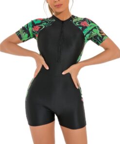 Badeanzug mit Bein Damen Einteilige Badebekleidung mit kurzen Ärmeln/Langen Ärmeln Reißverschluss Boyleg Rash Guard mit Tropischer Blumen Druck UPF 50+ Surfen Baden Bademode Schwimmanzug