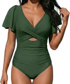 Damen Badeanzug Bauchweg Rüschen One Piece V Ausschnitt Badebekleidung Push up Hoch Monokini mit Bauchkontrolle Swimsuit Cross Swimwear