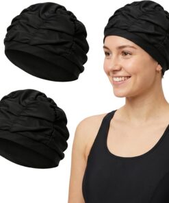 2 Stück Badekappe Damen, Plissee Badekappe, Lange Haare Bademütze Badehaube | Badehaube Erwachsene Swimming Cap elastische Polyester Stoff schwimmhaube, für Sommer Schwimmen, Strand, Urlaub, Hallenbad