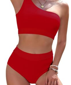 SHEKINI Gepolstert Bikini Set Damen High Waist Bauchweg Full Coverage Zweiteiliger Badeanzug EIN Schulter Bademode Swimsuit für Frauen
