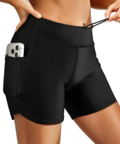 Badeshorts Damen mit Drawstring, 2-in-1 Badehose Damen mit eingebautem Briefliner, Hoch Taillierte Schwimmhose Schnell Trocknende Schwimmshorts Bauchkontrolle Boardshorts mit 2 Taschen