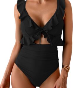 Yutdeng Einteiliger Badeanzug Damen Bauchweg V Ausschnitt Rüschen Monokini High Waist Einteilige Bademode Push Up Badebekleidung Sexy Cutout Swimsuit Bauchkontrolle Badeanzüge Schnürung Schwimmanzug
