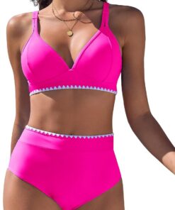 Bikini Damen Set V Ausschnitt Zweiteiliger Push Up Bikinis High Waist Bademode Sexy Swimwear mit Weißer Spitze
