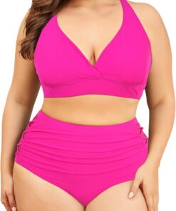 PONCEAU Bikini Damen Set Bauchweg High Waist - Push Up Bikini Oberteil für Große Brüste V-Ausschnitt Große Größen Plus Size Curvy Bademode