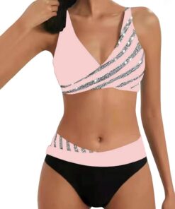Damen Bikini Set Triangel Breites Unterbrustband Bademode Zweiteiliger Badeanzug Wickeloptik Lace Up Bikini Bademode V Ausschnitt Blumenmuster Zweiteiliger Badeanzug Swimsuit