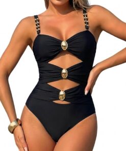 Damen Badeanzug Cut Out Doppelte Träger Einteilige Badeanzüge Mit Cups Sexy V Ausschnitt Bademode Push Up Monokini Swimsuit