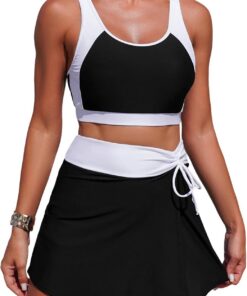 Bikini Set mit Rock Damen Sport Zweiteiliger Badeanzug Tank Top und Schwimmrock mit Shorts Frauen für Strand S