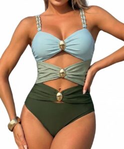 Damen Badeanzug Cut Out Doppelte Träger Einteilige Badeanzüge Mit Cups Sexy V Ausschnitt Bademode Push Up Monokini Swimsuit