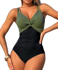 Damen Einteiliger Badeanzug mit Cups Sexy Push Up Bauchweg Plissee V-Ausschnitt Bademode