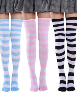SINROYEE Sexy Dessous-Set für Damen, japanischer Anime-Bikini, Badeanzug, gestreift, mit gestreiften Oberschenkelhohen Socken