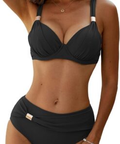 Yutdeng High Waist Bikini Damen Set mit Bügel Push Up Bikini Bauchweg Triangle Bikini mit Hohem Bund Dekorativen Metall Bademode Bauch Weg Bikini-Sets für Damen Badeanzug Zweiteiliger