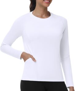 UV Shirt Damen Langarm mit Taschen, UPF 50+ Sonnenschutz Rash Guard, Schwimmshirt Atmungsaktiv Schnelltrocknend Badeshirt für Fitness Gym Yoga Wasser Strand