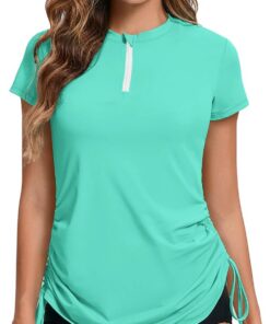 UV Shirt Damen Wasser 1/4 Reißverschluss Schwimmshirt Rashguard Damen Badeshirt Kurzarm Schwimm T-Shirt Verstellbarer Saum UPF 50+