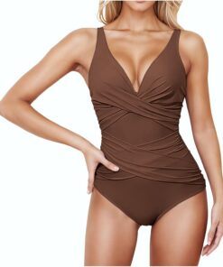 Badeanzug Bauchweg Push Up Mit Shaping Effekt V Ausschnitt Raffung Einteilige Bademode Swimsuit Wickeloptik Verstellbaren Monokini Strandmode