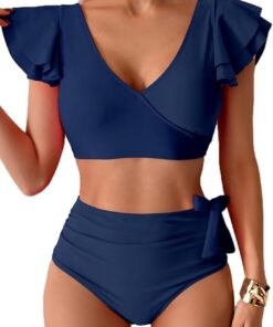 Badeanzug Damen Bauchweg,Sexy V Ausschnitt Zweiteiliger Badeanzüge Rüschen High Waist Push Up Bademode Lace Up Bikini Swimsuit