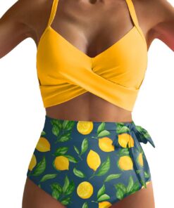 Dokotoo Damen Bikini Set Wickeloptik V Ausschnitt Bademode Blumenmuster High Waist Zweiteiliger Badeanzug Swimsuit