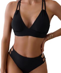 Yutdeng Triangle Bikini Damen Set Push Up ohne Bügel Gepolstert V Ausschnitt Shape Bikini Bauchweg mit Hohem Bund Rückseite Crossover Zweiteiliger Badeanzug Bikini Sportlich Swimsuit