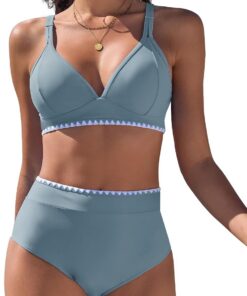 Bikini Damen Set V Ausschnitt Zweiteiliger Push Up Bikinis High Waist Bademode Sexy Swimwear mit Weißer Spitze