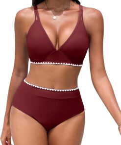 Bikini Damen Set V Ausschnitt Zweiteiliger Push Up Bikinis High Waist Bademode Sexy Swimwear mit Weißer Spitze