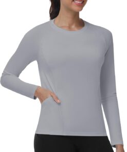 UV Shirt Damen Langarm mit Taschen, UPF 50+ Sonnenschutz Rash Guard, Schwimmshirt Atmungsaktiv Schnelltrocknend Badeshirt für Fitness Gym Yoga Wasser Strand
