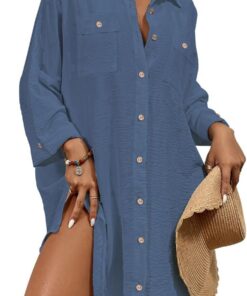 Bsubseach Damen Button Down Strandkleid V-Ausschnitt Badeanzug Resort Wear