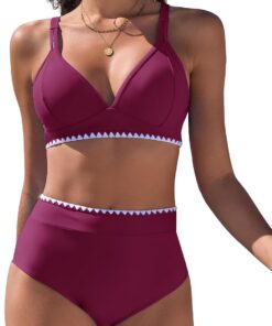 Bikini Damen Set V Ausschnitt Zweiteiliger Push Up Bikinis High Waist Bademode Sexy Swimwear mit Weißer Spitze