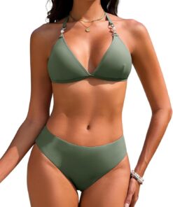 Triangel Bikini Damen Set Sexy Push Up Zweiteiliger Bademode String Bikinis für Damen Neckholder Swimsuit Träger Oberteil mit Riemen Perlen