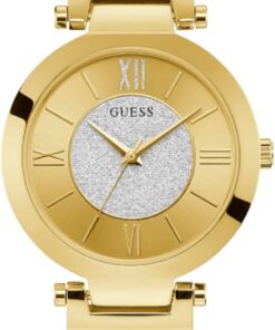 Guess Damen Armbanduhr Aurora, goldfarbenes Edelstahlarmband, Mineral Glas, goldenes Ziffernblatt, 3 Bar, Gehäusedurchmesser: 36,5 mm,