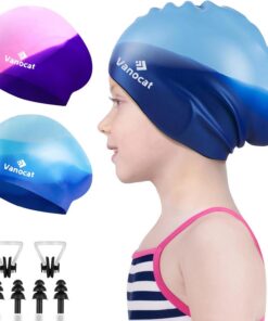 2 Pack Badekappe Kinder Lange/Kurze Haare, Unisex Badekappe Mädchen Jungen für Alter von 3–15 Jahren Kleinkind wasserdichte, Bademütze schwimmkappe mit Ohrstöpseln Nasenclip