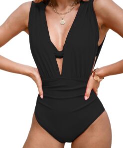 CUPSHE Damen Badeanzug Bauchweg Neckholder V Ausschnitt Push Up Swimsuit | Knoten Detail, Bikini Oberteil,Elegant Dreiteiliger Set