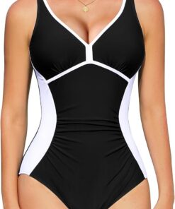 SHEKINI Einteiliger Badeanzug Damen Bauchweg Elegant Shaping Bademode V Ausschnitt Farbblock Swimsuits Strandmode Schwimmanzug Frauen