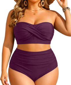 Yonique Zweiteiliger Damen-Badeanzug, Übergröße, hohe Taille, Bandeau-Bikini, Bauchweg-Badeanzug