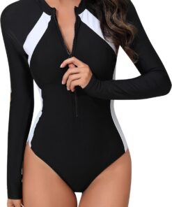 SEAUR Damen Einteiliger Badeanzug Surfanzug mit Reißverschluss Rashguard Schwimmanzug mit Bein Sonnenschutz Slim Fit Bademode
