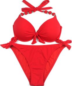 Damen Seitlich Gebunden Bikini Sets Abnehmbar Bademode Push up Bikinioberteil mit Nackenträger