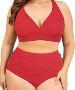 PONCEAU Bikini Damen Set Bauchweg High Waist - Push Up Bikini Oberteil für Große Brüste V-Ausschnitt Große Größen Plus Size Curvy Bademode