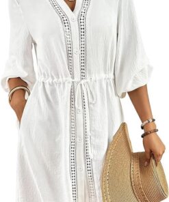 Bsubseach Damen Badeanzug V-Ausschnitt Button Down Sommer Strandkleid | Bsubseach Damen Badeanzug V-Ausschnitt Button Down Strandkleid mit Kordelzug und Taschen Stand Kleid