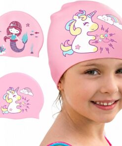 Badekappe Kinder, 2 Stück Badekappe Mädchen mit Meerjungfrauen und Einhorn, wasserdichte Anti-Rutsch Silikon Schwimmkappe Kinder, Badehaube für Lange und Kurze Haare, Swimming Cap von 4-12 Jahre