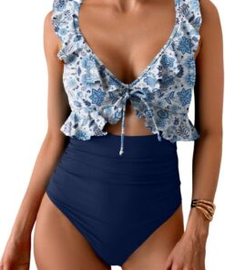 Yutdeng Badeanzug Damen Bauchweg Monokini Cut Out Badeanzug Push Up Gepolstert mit Rüschen Seitliche Raffung Bademode Große Größen Swimsuits for Women Badeanzüge für Damen Schwimmanzug