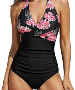 Husmeu Badeanzug Damen Bauchweg Einteilige Bademode V Ausschnitt Neckholder Shape Badeanzüge mit Bauchraffung Swimsuit Monokini mit Cups