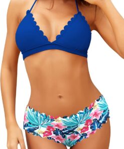 SHEKINI Damen Triangle Bikini Set Wellige Bademode Bunt Blumenmuster Badeshorts Sommer Zweiteiliger für Frauen Neckholder Schnürung Badeanzug