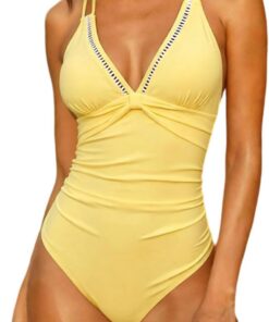 Badeanzug Damen Einteiliger Sexy V Ausschnitt Badeanzüge Einfarbig Rückenlos Bademode One Piece Push Up Swimsuit