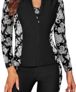 SHEKINI Damen 3 Teiliger Tankini Sets Langarm Rash Guard Reißverschluss Schwimmshirt Surfshirt Weste Bikinioberteil Badeanzug Badeshorts Sicherheits Sporty Radlerhose Schwimmanzug