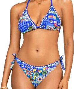 SHEKINI Damen Triangel Schnürschuh Bikini Set Badeanzug Rückenfrei Strandkleidung Boho Bedruckter Zweiteiliger Bademode