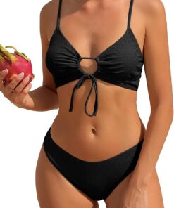 ZAFUL Damen O-Ring Bikini Set Tunnelzug Cut-Out Hoher Beinausschnitt Cheeky Gepolstert Cami Zweiteiler Badeanzug Bademode