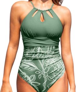 CUPSHE Damen Badeanzug High Neck Zierausschnitten Raffung Bauchweg | Strandmode Einteilige Bademode, Glattes Stretchmaterial, Verstellbare Bänder, Raffungen an der Taille, Volle Abdeckung