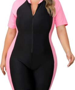 Damen Badeanzug Große Größen Badeanzug mit Bein L-4XL | Bauchweg Figurformend Kurzarm mit Brustpolstern Reißverschluss - für Schwimmbad Therme Strand Sport