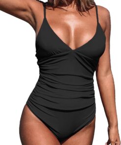 CUPSHE Damen Badeanzug Triangel V Ausschnitt Bauchweg Raffungen Einteilige | Verstellbare Spaghetti-Träger, weiche, abnehmbare Körbchen, bescheidener Badeanzug für Urlaub und Strand, Poolseite